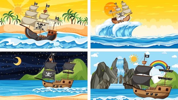 Set oceaanscènes op verschillende tijdstippen met piratenschip in cartoonstijl