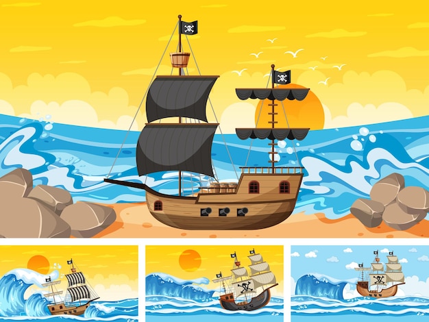 Set oceaanscènes op verschillende tijdstippen met piratenschip in cartoonstijl