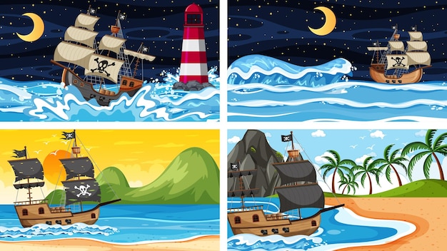 Set of ocean scenes at different times with Pirate ship in cartoon style