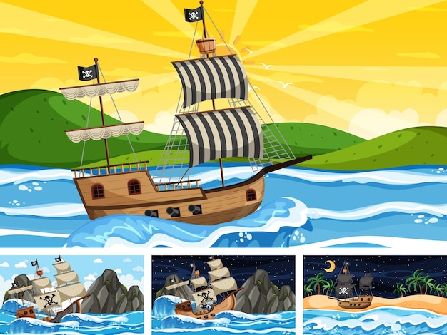 Set of ocean scenes at different times with pirate ship in cartoon style