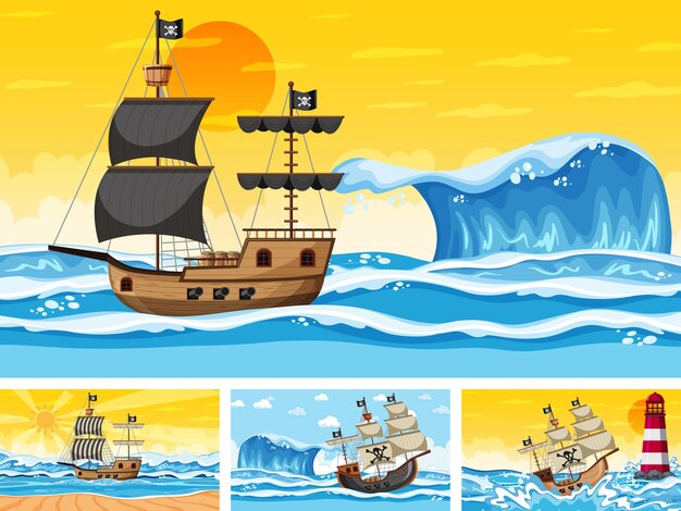 만화 스타일의 해적선과 다른 시간에 바다 장면 세트