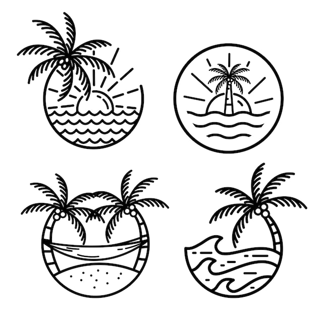 Set of ocean wave tropical island and palm tree logo line art vector illustration template icon