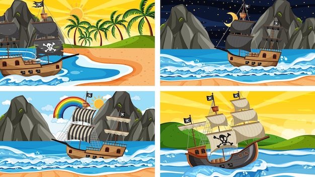 Set of ocean with pirate ship at different times scenes  in cartoon style