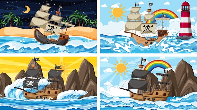 Set of Ocean with Pirate ship at different times scenes  in cartoon style