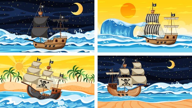 Set of Ocean with Pirate ship at different times scenes  in cartoon style