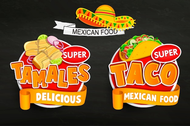 Vettore set di loghi tradizionali messicani alimentari, emblemi.