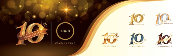 Вектор Набор дизайна логотипа 10-летия, логотип десятилетнего юбилея, логотип golden luxury