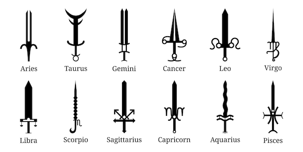Вектор Набор из 12 иконок зодиакальных мечей. коллекция зодиакального оружия.