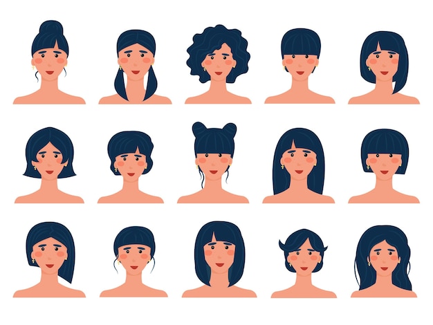 Набор из 15 аватарок брюнеток с разными прическами. изолированное изображение европейской девушки с темными волосами. варианты прически. векторная иллюстрация