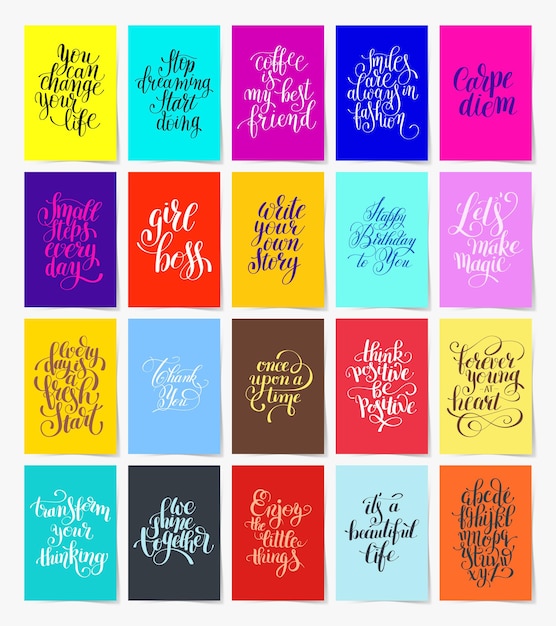 Вектор Набор из 20 каллиграфических плакатов с мотивационными и поздравительными буквами от руки