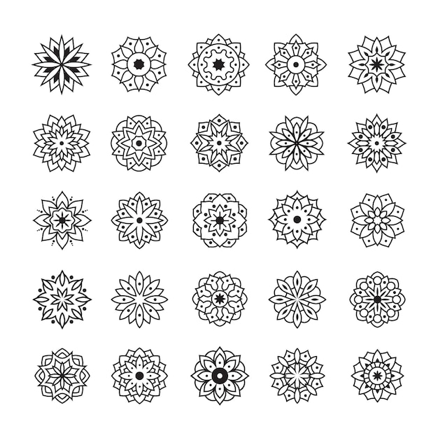 Набор из 25 мандалы рисованной в черно-белом цвете