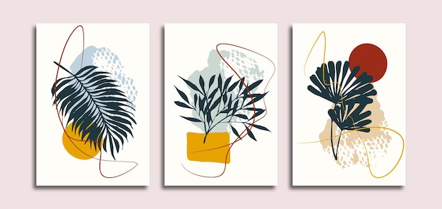 ヤシの葉と抽象的な形の要素を持つ3つのミニマリストの壁アートポスターのセット