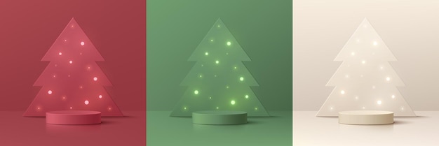 ベクトル クリスマス ツリーの背景に赤いクリーム グリーンのシリンダー表彰台電球と 3 d 抽象的なセット