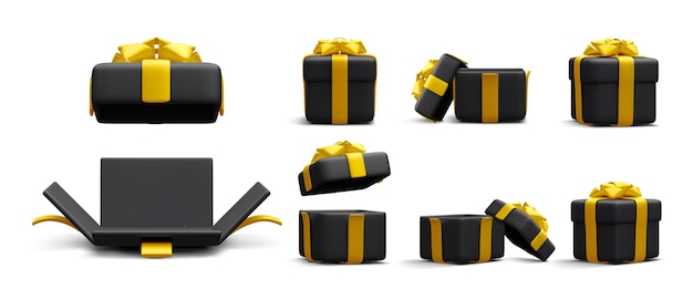 Вектор Набор трехмерных реалистичных черных подарочных коробок с золотой лентой на белом фоне коробки-сюрпризы векторная иллюстрация