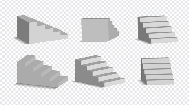 고립 된 3d 흰색 계단의 집합입니다. 인테리어 일러스트를위한 건축 흰색 계단, 단계 수집