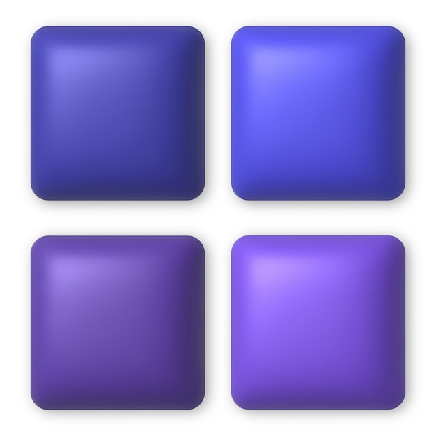 웹 디자인을 위한 4개의 파란색과 보라색 3d 버튼 세트 3d 현실적인 디자인 요소