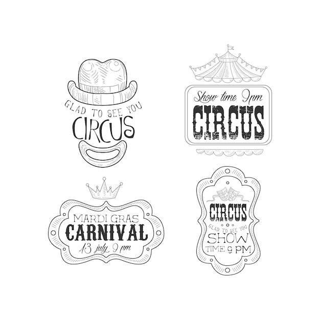 Вектор Набор из 4 креативных монохромных шаблонов логотипов для цирка и карнавала марди гра. эмблемы в стиле эскиза с клоунской шляпой и крышей шатра, короной и театральными масками. изолированные векторные знаки