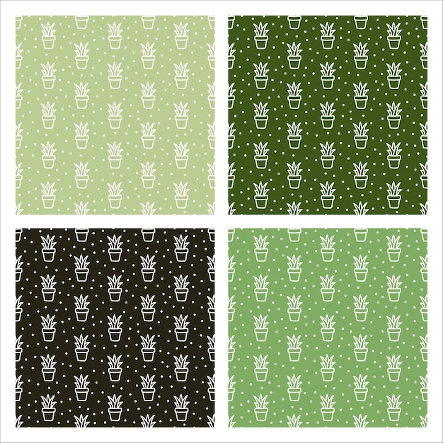 Набор из 4 зеленых бесшовных узоров с нарисованными вручную суккулентами