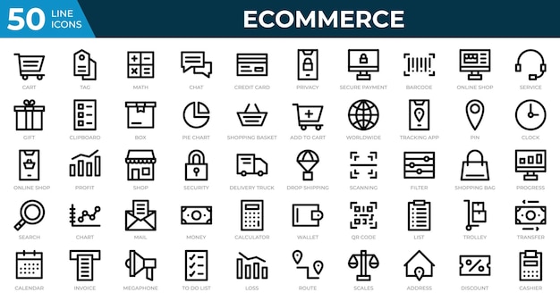 선 스타일 신용 카드 이익 송장 개요 아이콘 모음 벡터 일러스트 레이 션에 50 전자 상거래 웹 아이콘 세트