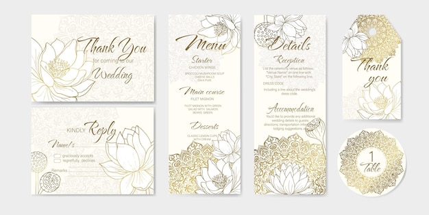 Набор из 6 шаблонов роскошных свадебных открыток с золотыми очертаниями тропических лотосов и мандалы