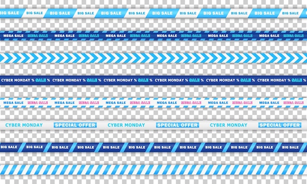 벡터 사이버 월요일 판매를 위한 8개의 원활한 파란색과  ⁇ 색 현실적인 리본 세트 끝없는 바리케이드 테이프