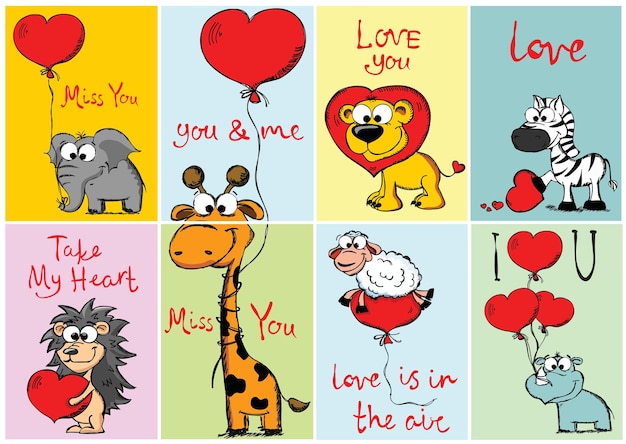 かわいい動物と手描きの面白いテキストと8つのベクトルバレンタインカードのセットです。