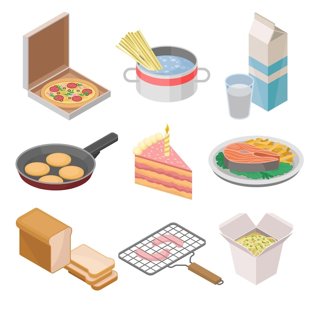 벡터 9개의 이소메트릭 식품 아이콘 세트: 이탈리아 피자, 우유, 케이크 조각,, 김, 소시지 상자, 누들, 맛있는 식사, 프로모션 포스터용 그래픽 요소, 색 위에 고립된 평평한 터 디자인