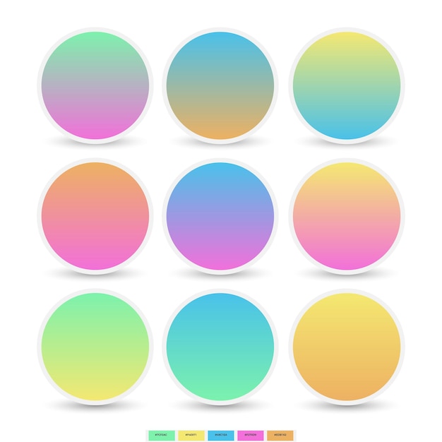 벡터 9개의 둥근 홀로그램 파스텔 색상 조합 그라데이션 구 버튼 세트입니다. 여러 가지 빛깔의