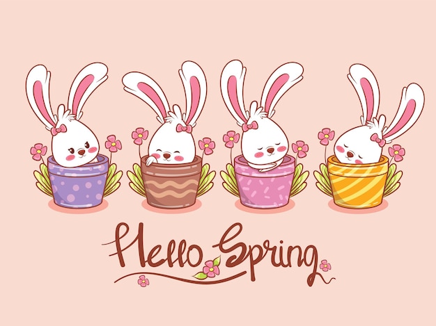 봄 꽃 냄비와 귀여운 토끼의 집합입니다. 만화 캐릭터 그림 안녕하세요 봄 개념입니다.