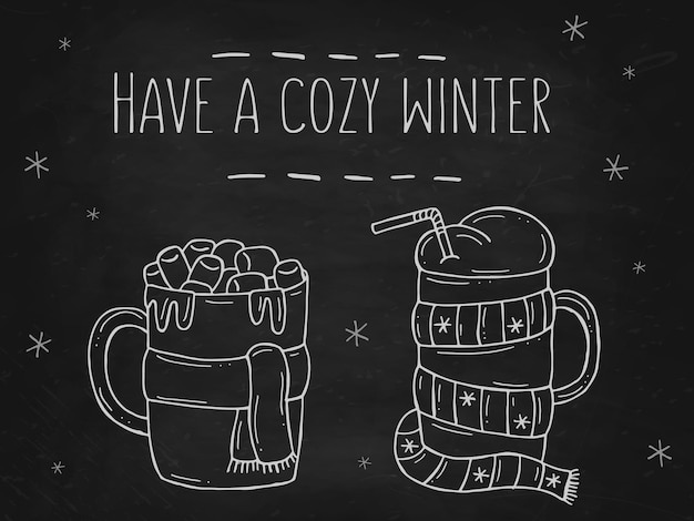ベクトル 黒い黒板に暖かい冬の飲み物のセット落書きスタイルのベクトルイラスト冬の気分こんにちは2023メリークリスマスと新年あけましておめでとうございます