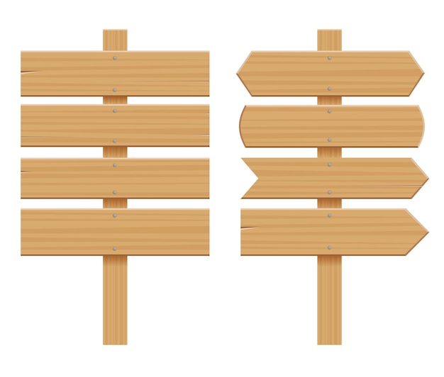 木製看板のセットです。空の漫画のバナー。矢印、ひびの入った板。木材要素。テキストのためのスペースのフラットベクトルイラスト。