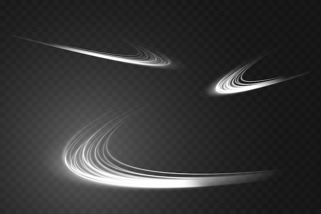 白い色の輝きを持つ抽象的な光の動きと速度のセット光の日常の輝く効果半円波光跡曲線渦巻車のヘッドライト白熱光ファイバーpng