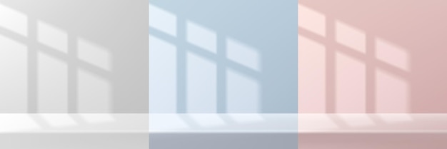 Набор абстрактных бело-розово-голубых 3d-комнат и столов или столов с фоном света и тени окна