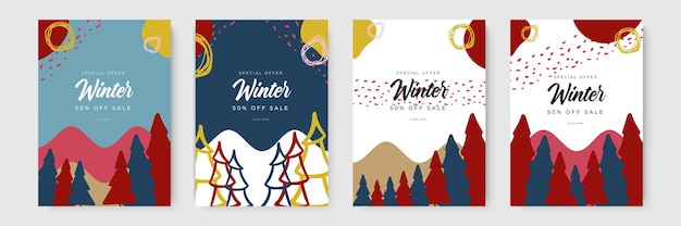 Набор абстрактных зимних фонов красочные зимние баннеры с падающими снежинками заснеженные деревья wintr ...