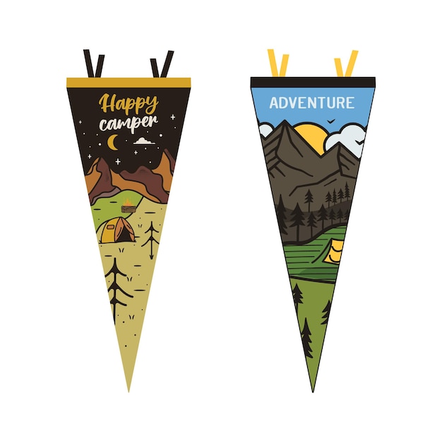 冒険ペナントのセット キャンプ ペナント フラグ デザイン 夏キャンプのシンボルとヴィンテージの屋外デザイン 山テント キャンプファイヤー 株式ベクトル コレクション