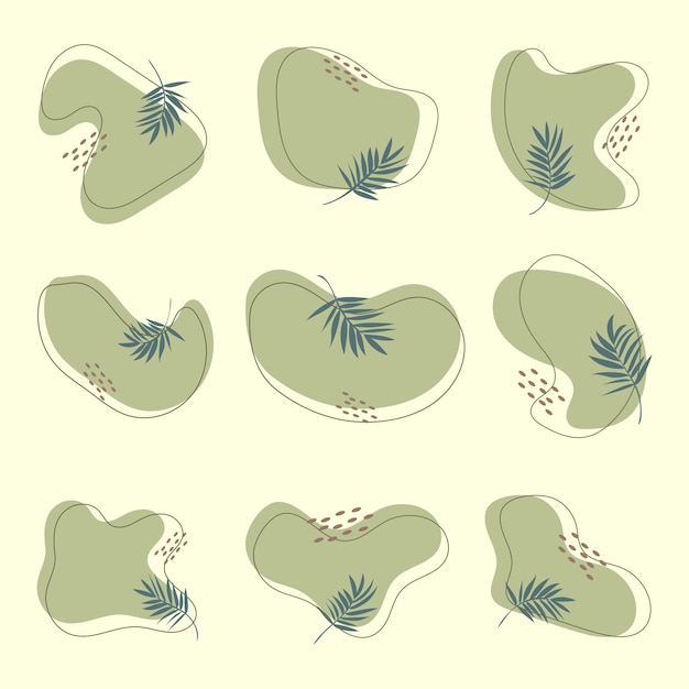ベクトル 葉と線を持つ審美的な抽象的な有機的なブロブのセット