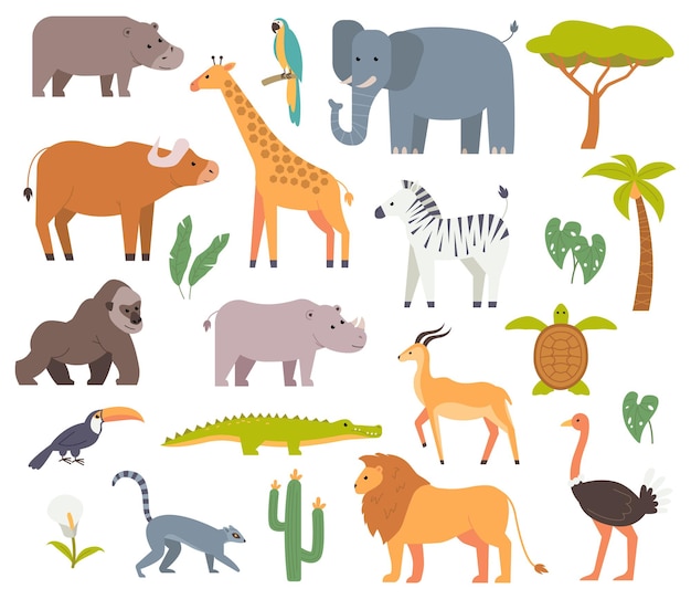 Вектор Набор африканских животных, птиц и растений, африканский лев, жираф, бегемот, зебра, пальма и кактус