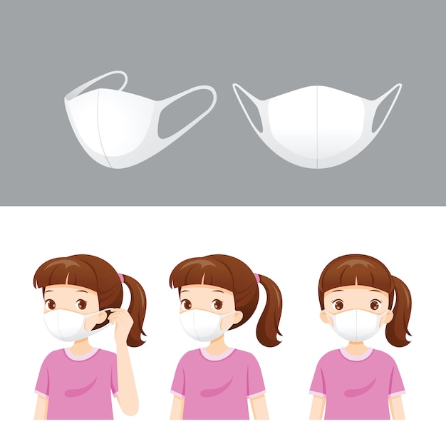 벡터 대기 오염 마스크 세트 및 먼지 보호를 위해 마스크를 착용하는 소녀, 연기, 스모그, 코로나 바이러스 질병,