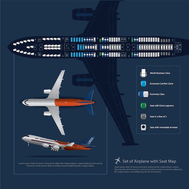 Набор самолета с seat map изолированные векторная иллюстрация