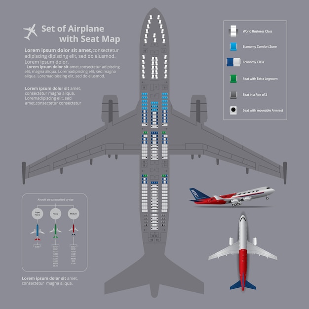 Набор самолета с seat map изолированные векторная иллюстрация