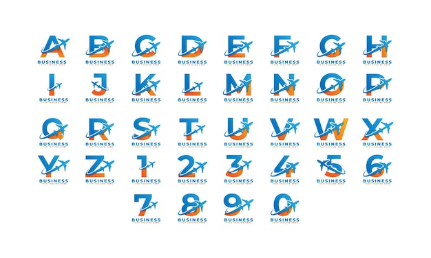 ツアーや旅行のスタートアップロジスティック用の飛行機のロゴデザインのアルファベット大文字のセット