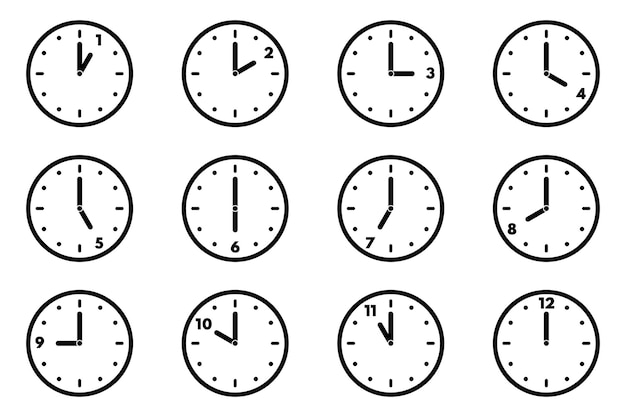 매시 12시간 시계에 대한 아날로그 시계 아이콘 세트