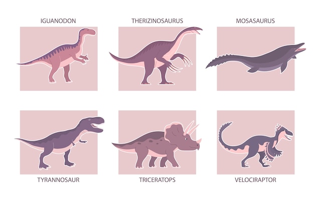 벡터 고대 육식 및 초식 공룡 세트 t 렉스 모사사우루스 랩터와 트리케라톱스