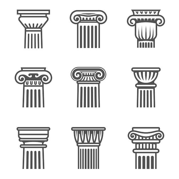Набор иконок древних колонн в черно-белых тонах