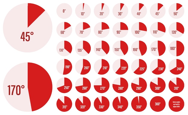 ベクトル 赤い色の円円グラフ インフォ グラフィック コレクションの角度測定チャートのセット