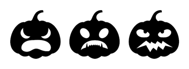 Набор злых тыкв с разными лицами на белом фоне силуэт тыквы с улыбкой на праздник хэллоуин