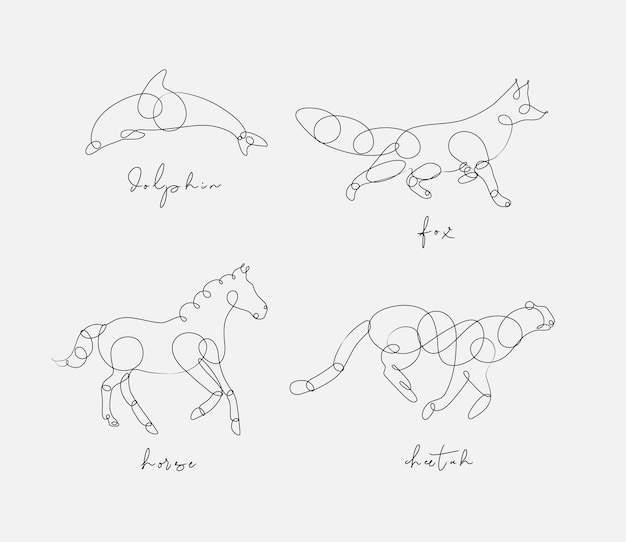 벡터 동물 세트 돌고래 여우 말 치타 그림 펜 라인 스타일에서 밝은 배경