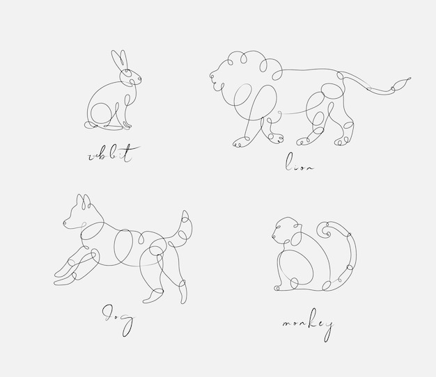 Вектор Набор животных кролик лев собака обезьяна рисует в стиле карандаша на светлом фоне