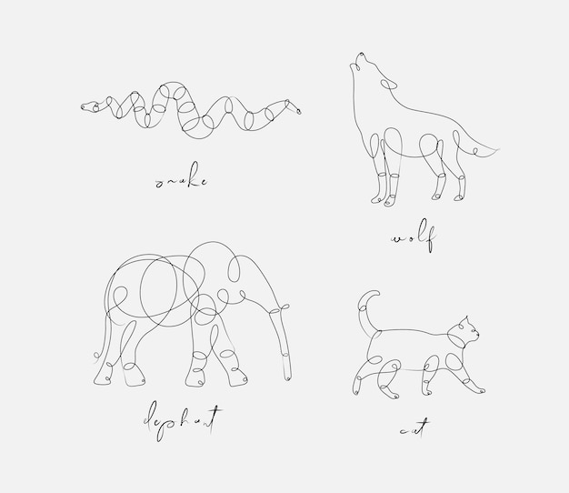 Вектор Набор животных змея волк слон кошка рисует в стиле карандаша на светлом фоне