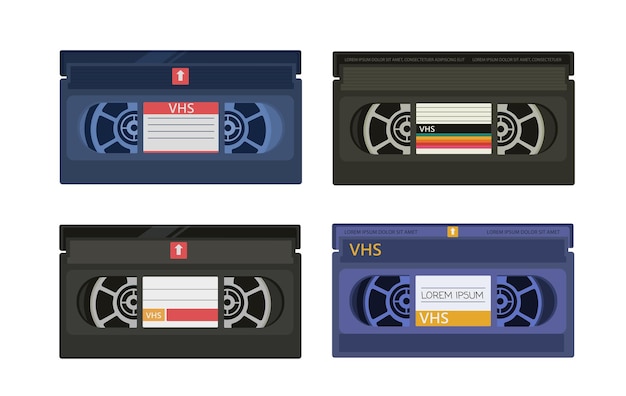 Вектор Набор концепции аудиокассет звукозаписывающее оборудование и инвентарь для прослушивания музыки и контента. назад к 80-м и 90-м годам коллекция плоских векторов мультфильмов изолирована на белом фоне
